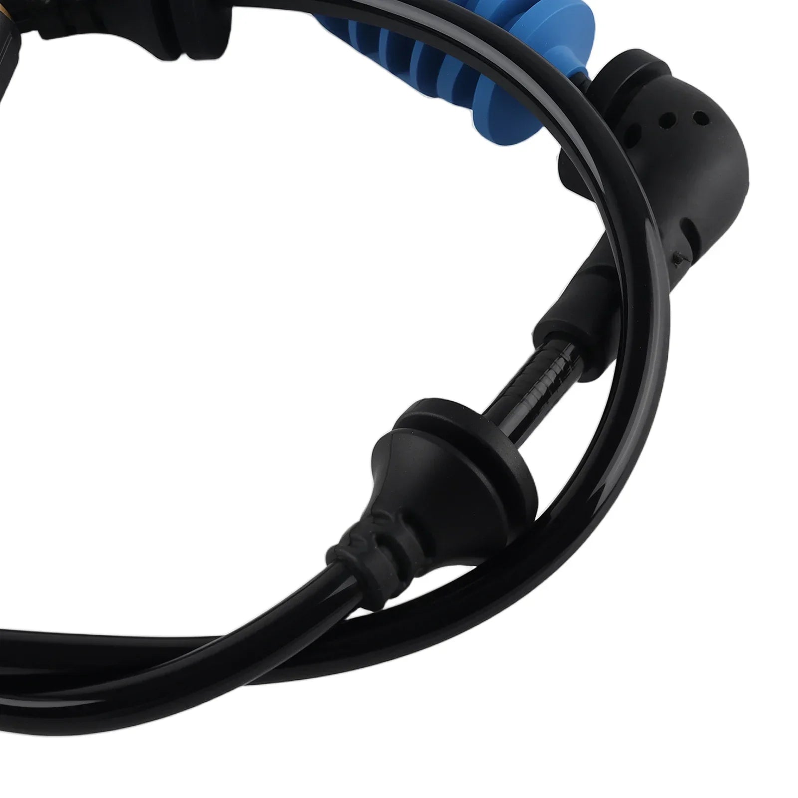 Czarny zwinięty kabel z niebieskim złączem i odlewanymi końcówkami do czujników abs prędkości koła bmw 2002-2004