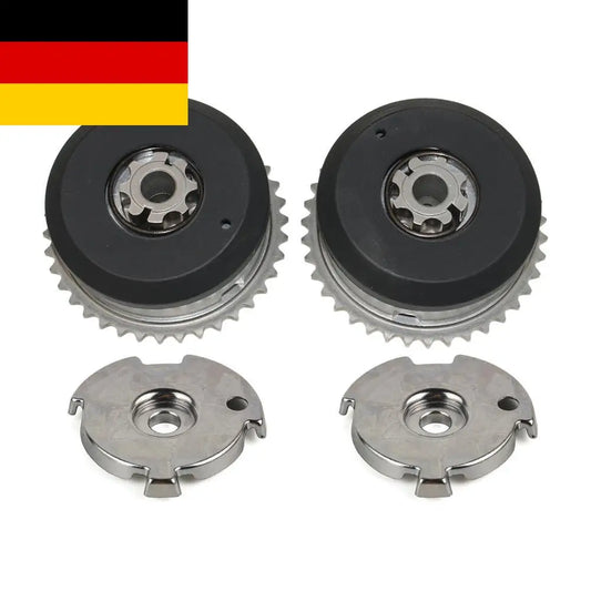Czarno-srebrne zestawy regulacyjnych kół zębatych do wałów rozrządu n51 n52 n55 z charakterystycznymi zębatymi krawędziami