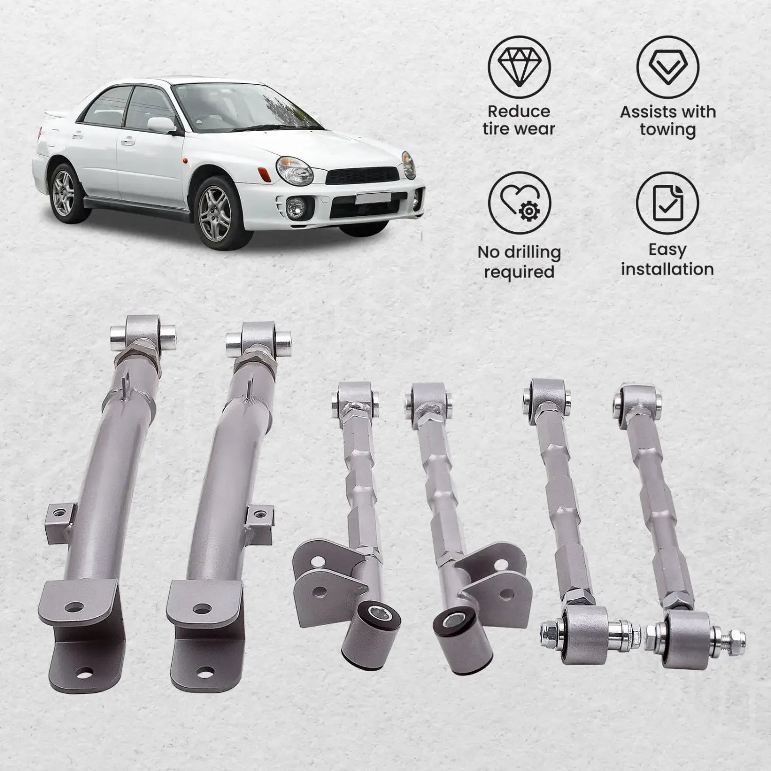 Zestaw 6 regulowanych wahaczy tylnych Subaru Impreza WRX STI 1993–2007 – zdjęcie produktu