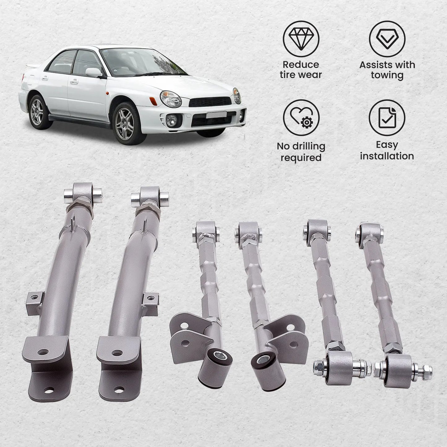 6-delad justerbar lateral släparmslänksats för Subaru Impreza WRX bakfjädring Justerbar för STi GDA 02-07 Bakre komplett set Nytt