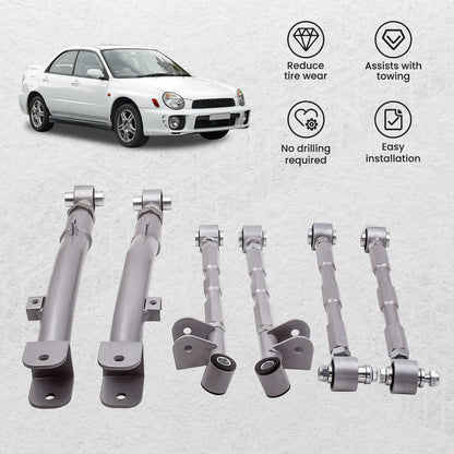 6-delad justerbar lateral släparmslänksats för Subaru Impreza WRX bakfjädring Justerbar för STi GDA 02-07 Bakre komplett set Nytt