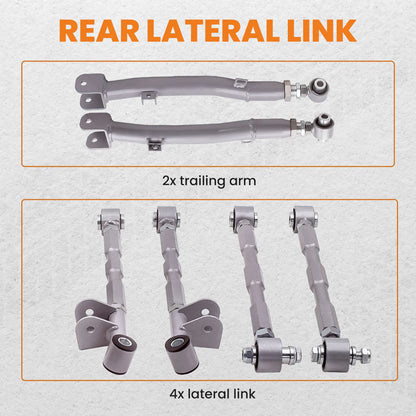 6-delad justerbar lateral släparmslänksats för Subaru Impreza WRX bakfjädring Justerbar för STi GDA 02-07 Bakre komplett set Nytt