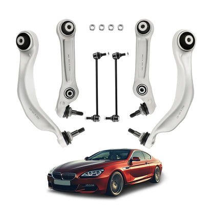 Zestaw czterech srebrnych wahaczy przednich dolnych i górnych z czarnymi tulejami do bmw 6 serii f06 f12 f13