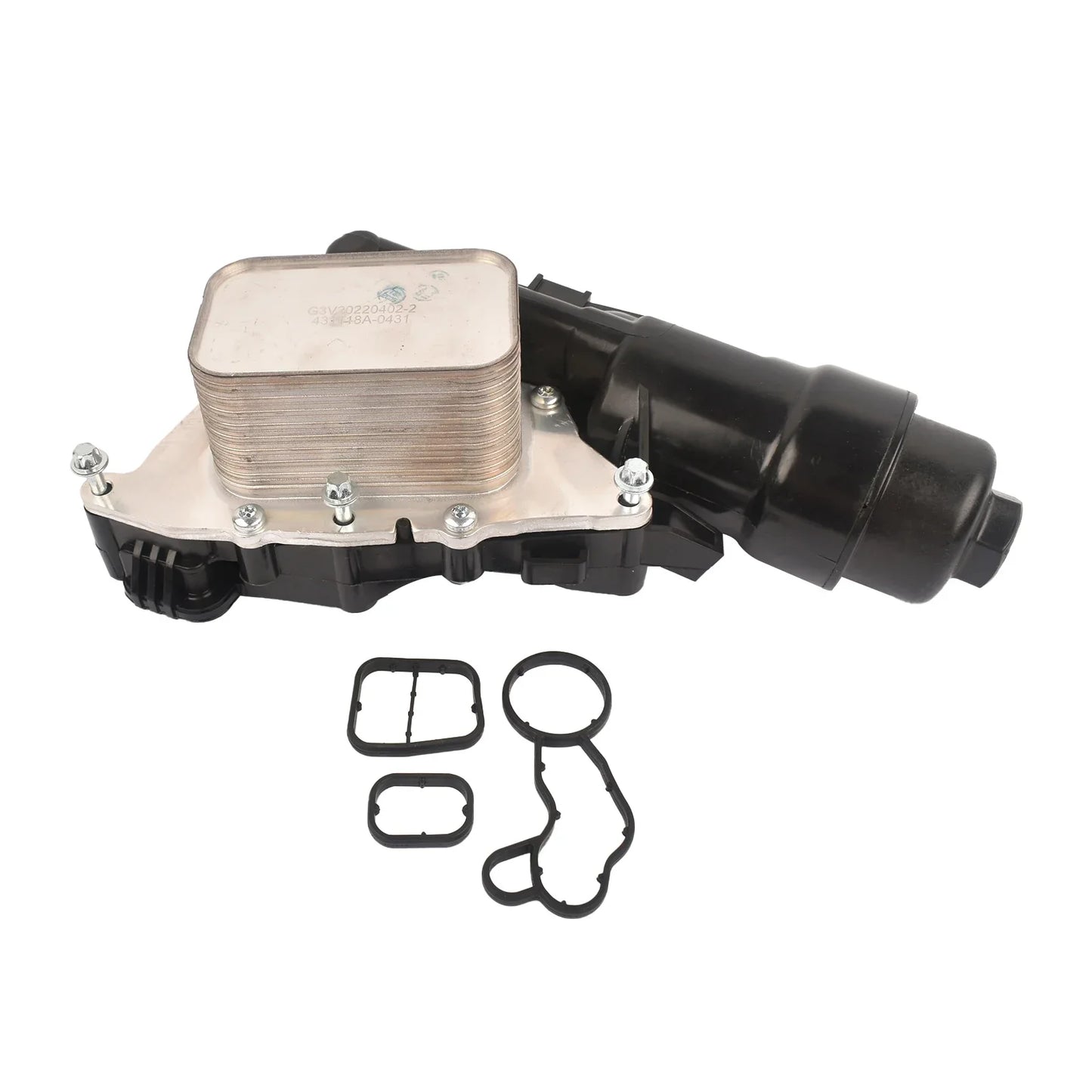 Black and silver diesel bmw oil filter assembly with rectangular metal housing and gaskets for f45 f46 diesel mini