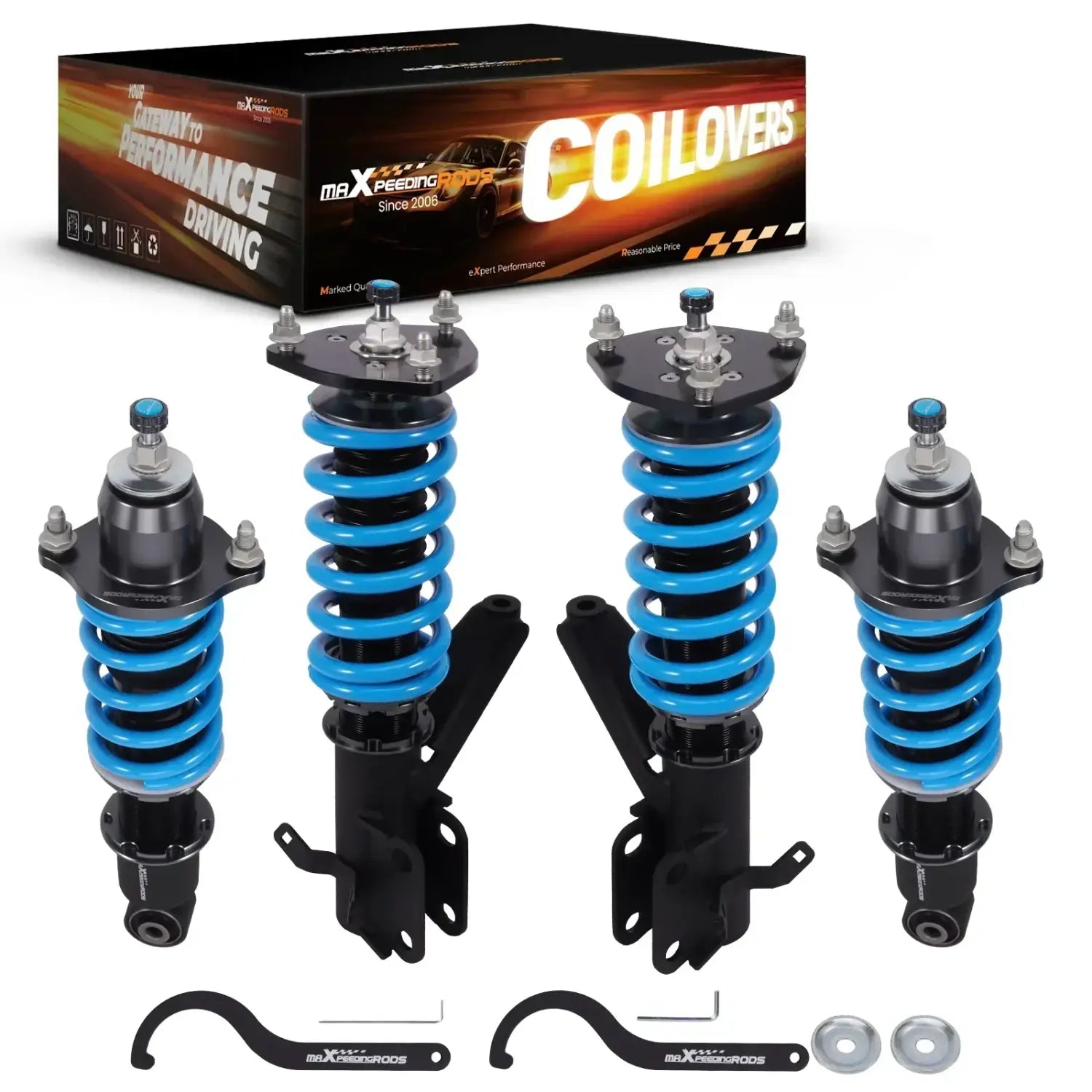 Zestaw czterech niebieskich mxr t6 coilovers do honda civic 2001 2005 z regulacją wysokości i tłumienia do codziennej jazdy