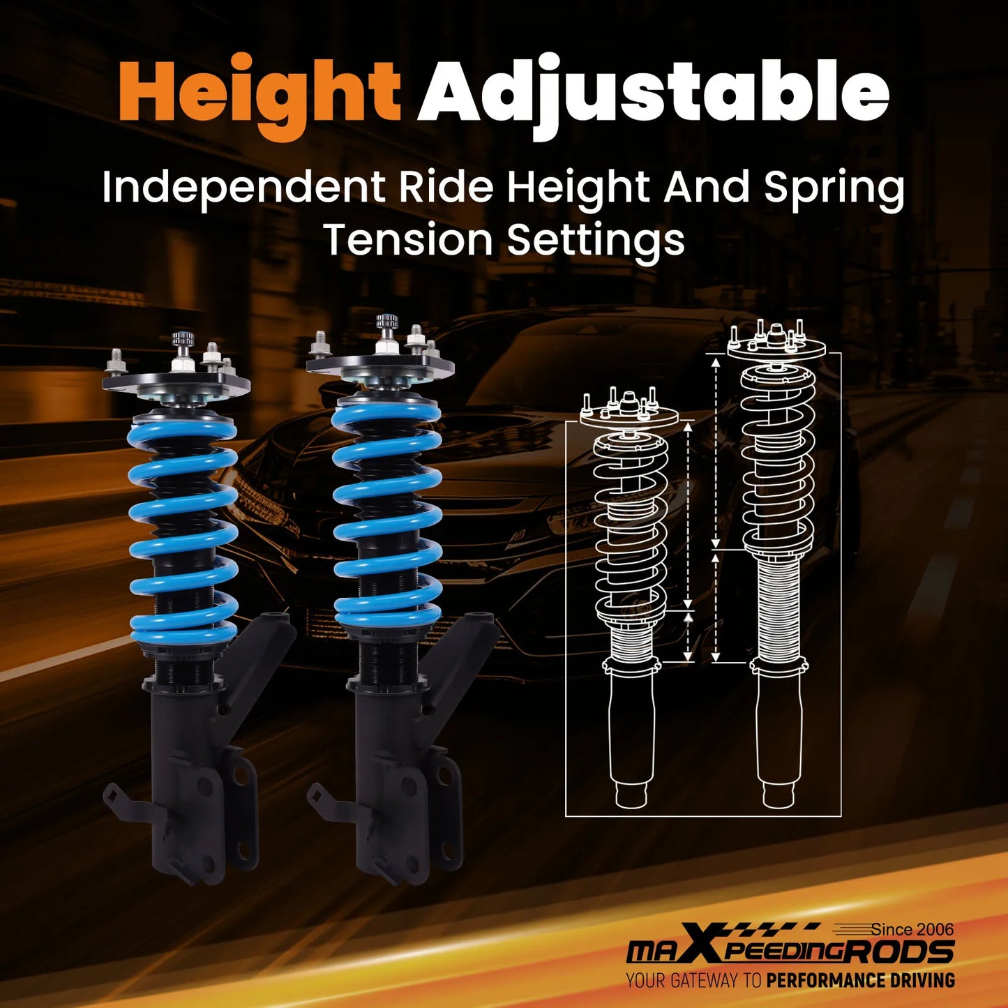 Niebieskie mxr t6 coilovers do honda civic 2001 2005 z czarnymi mocowaniami do codziennej jazdy