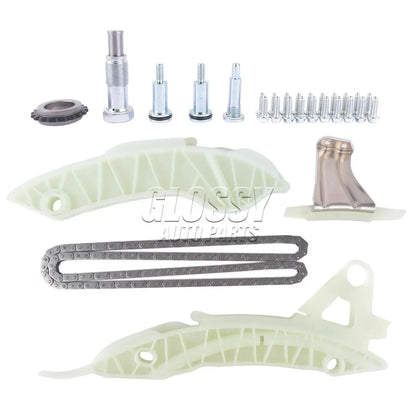 Srebrny metaliczny zestaw łańcucha rozrządu z napinaczem i plastikowymi prowadnicami do mini cooper r55 r56 r57 oraz bmw f20 f21 f30