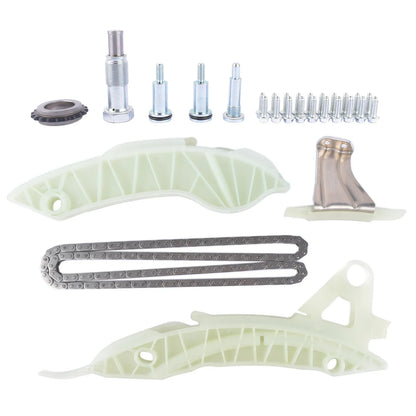 Srebrny metaliczny zestaw łańcucha rozrządu z prowadnicami do mini cooper r55 r56 r57 i bmw f20 f21 f30 f31