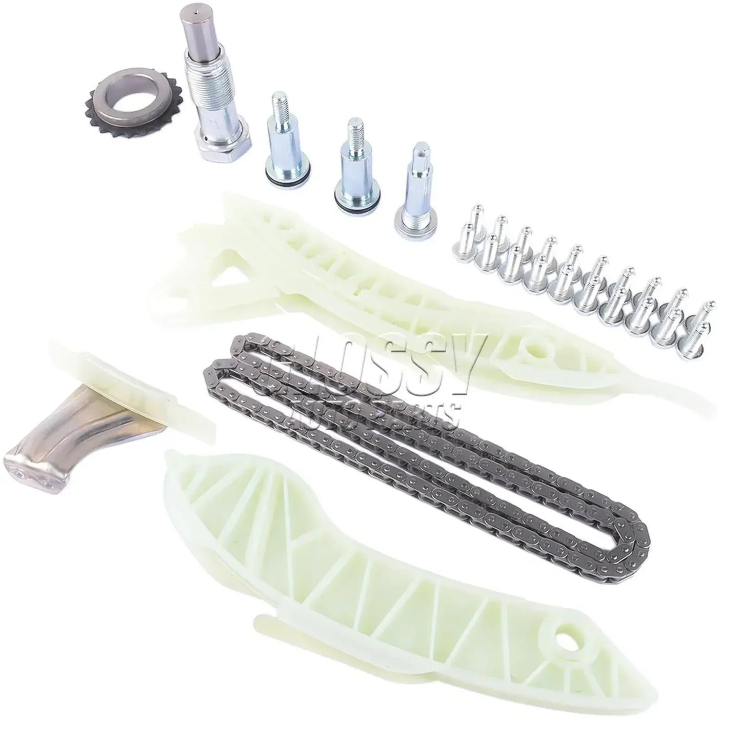 Srebrny metaliczny zestaw łańcucha rozrządu z napinaczem i prowadnicą do mini cooper r55 r56 r57 i bmw f20 f21 f30