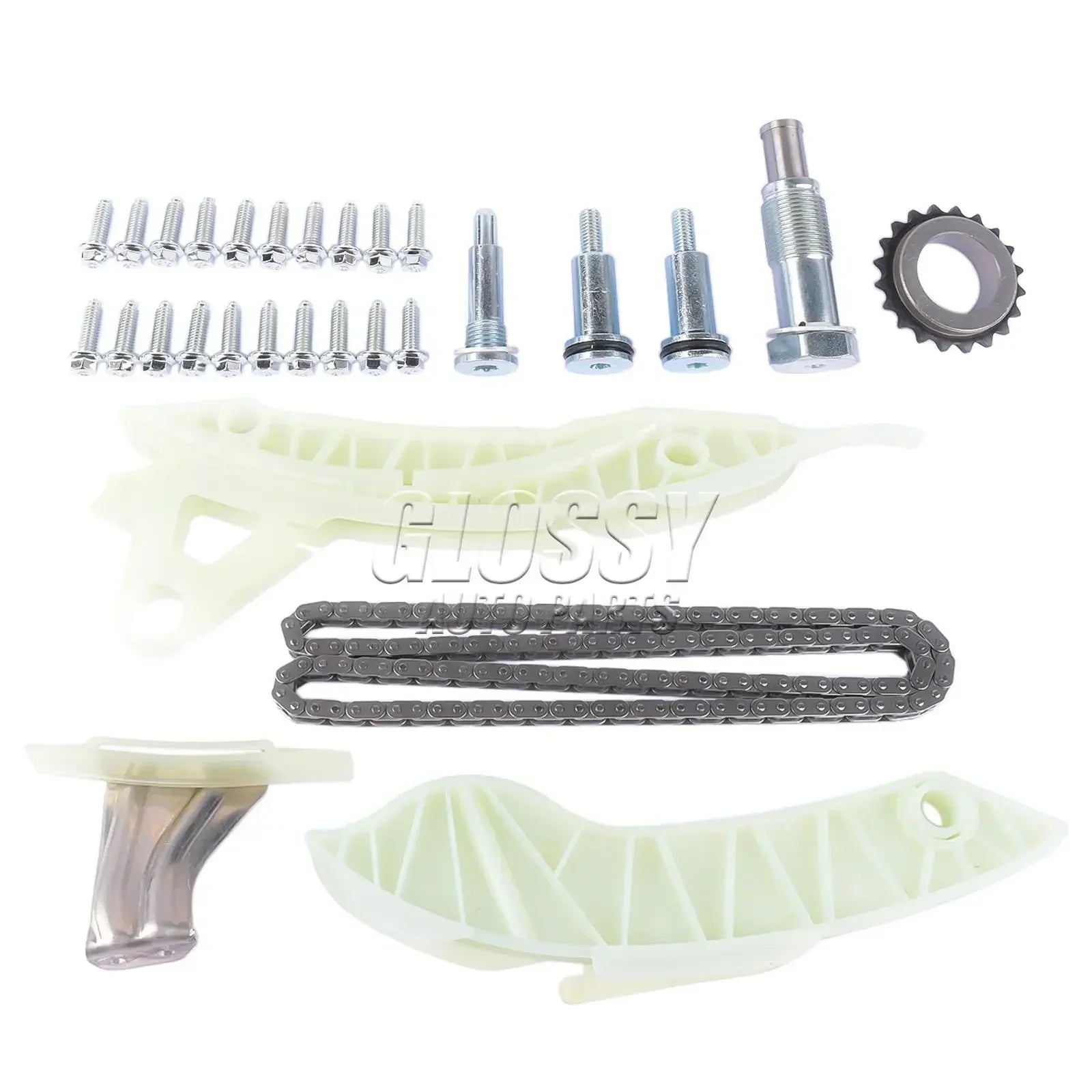 Srebrny metaliczny zestaw łańcucha rozrządu i prowadnic do mini cooper r55 r56 r57 oraz bmw f20 f21 f30
