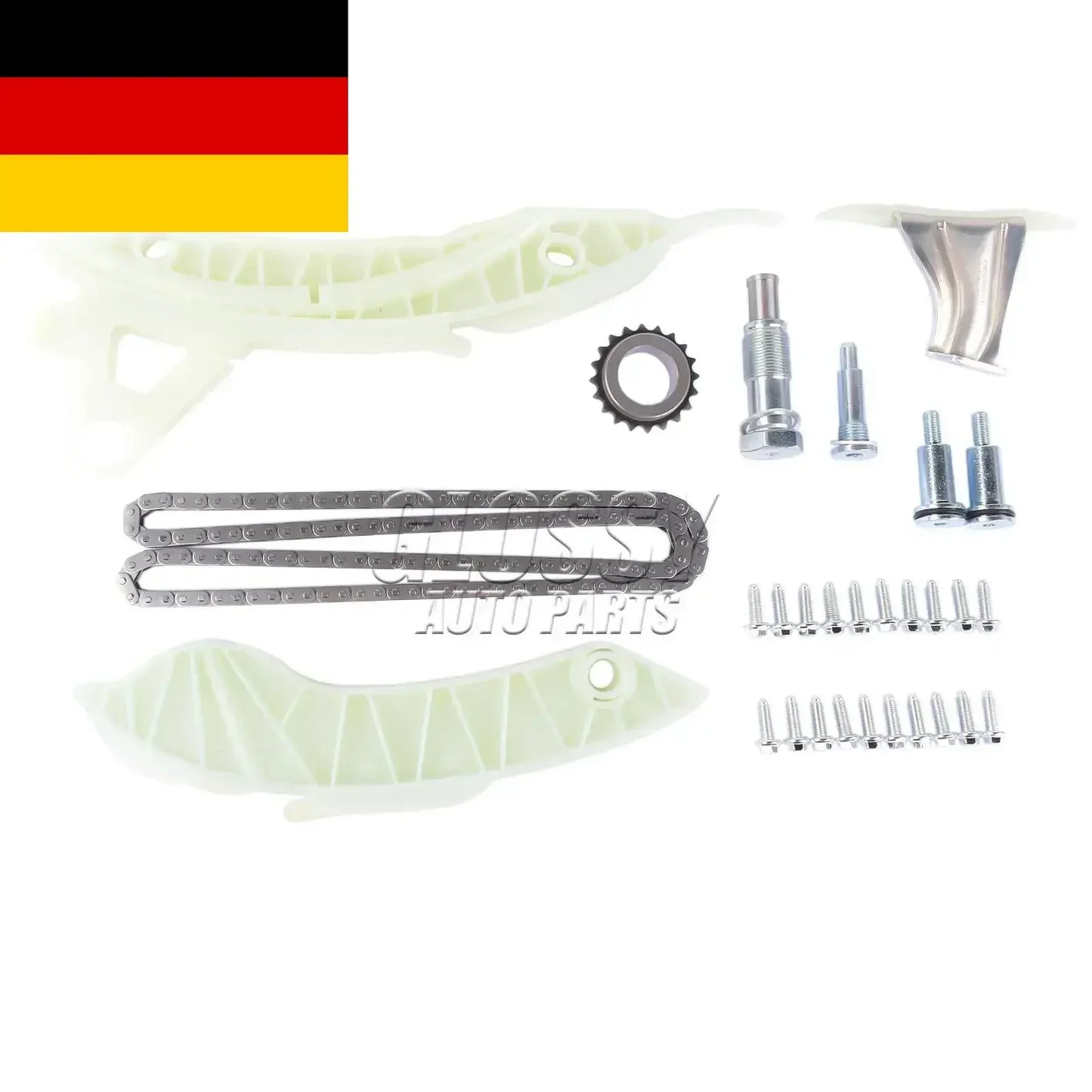 Zestaw łańcucha rozrządu do mini cooper r55 r56 r57 bmw f20 f21 f30 srebrny metalowy z plastikowymi prowadnicami i śrubami