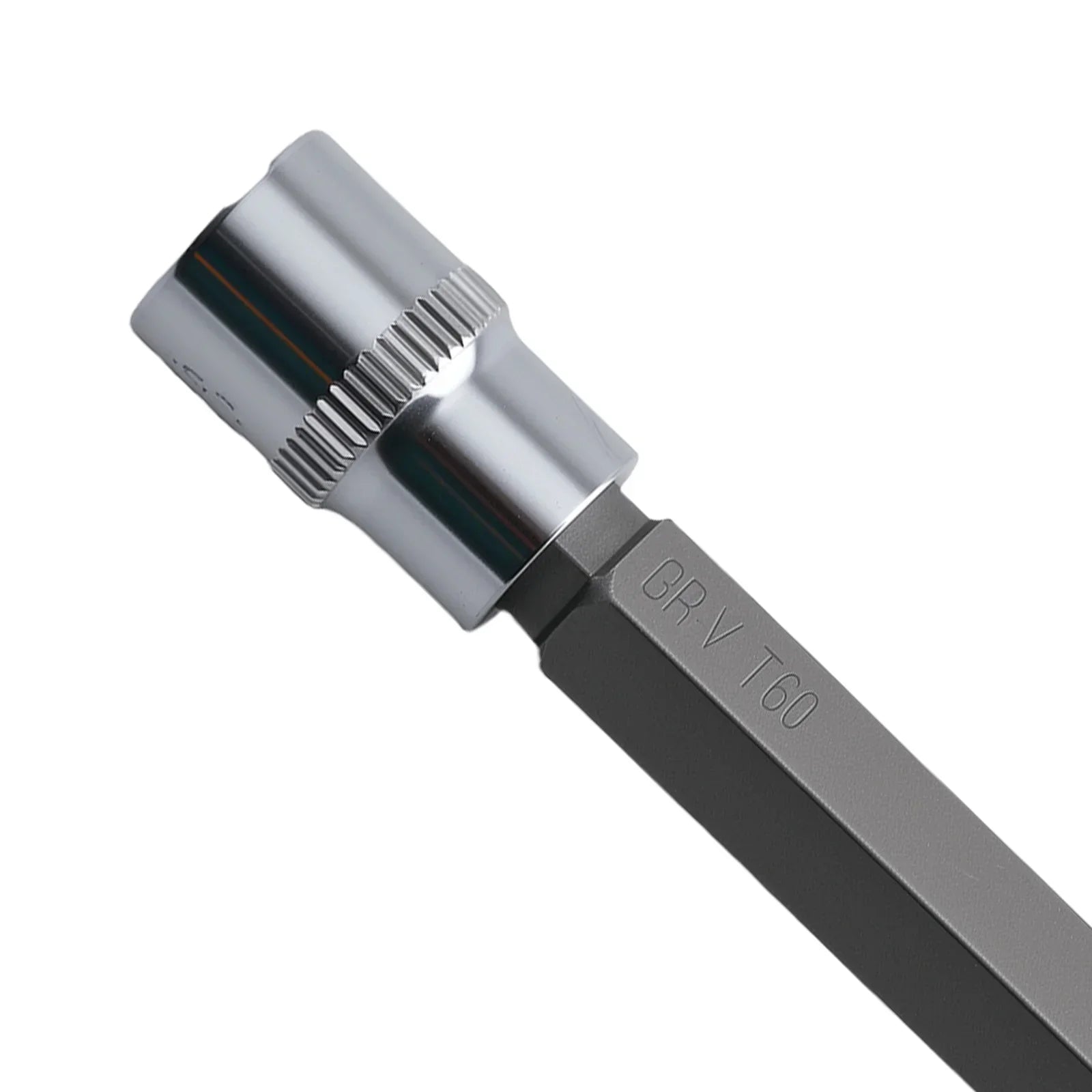 Chromowany klucz nasadowy 6mm z czarną rękojeścią i grawerem gr-v t60 do zestawu nasadek torx 3/8 cala crv
