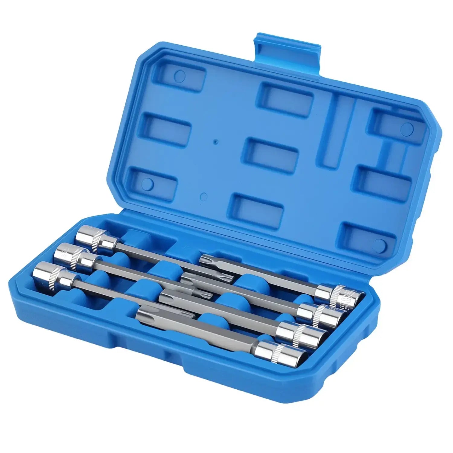 Niebieska plastikowa walizka z zestawem nasadek torx 3/8 cala 110 mm 8 sztuk star bit socket crv