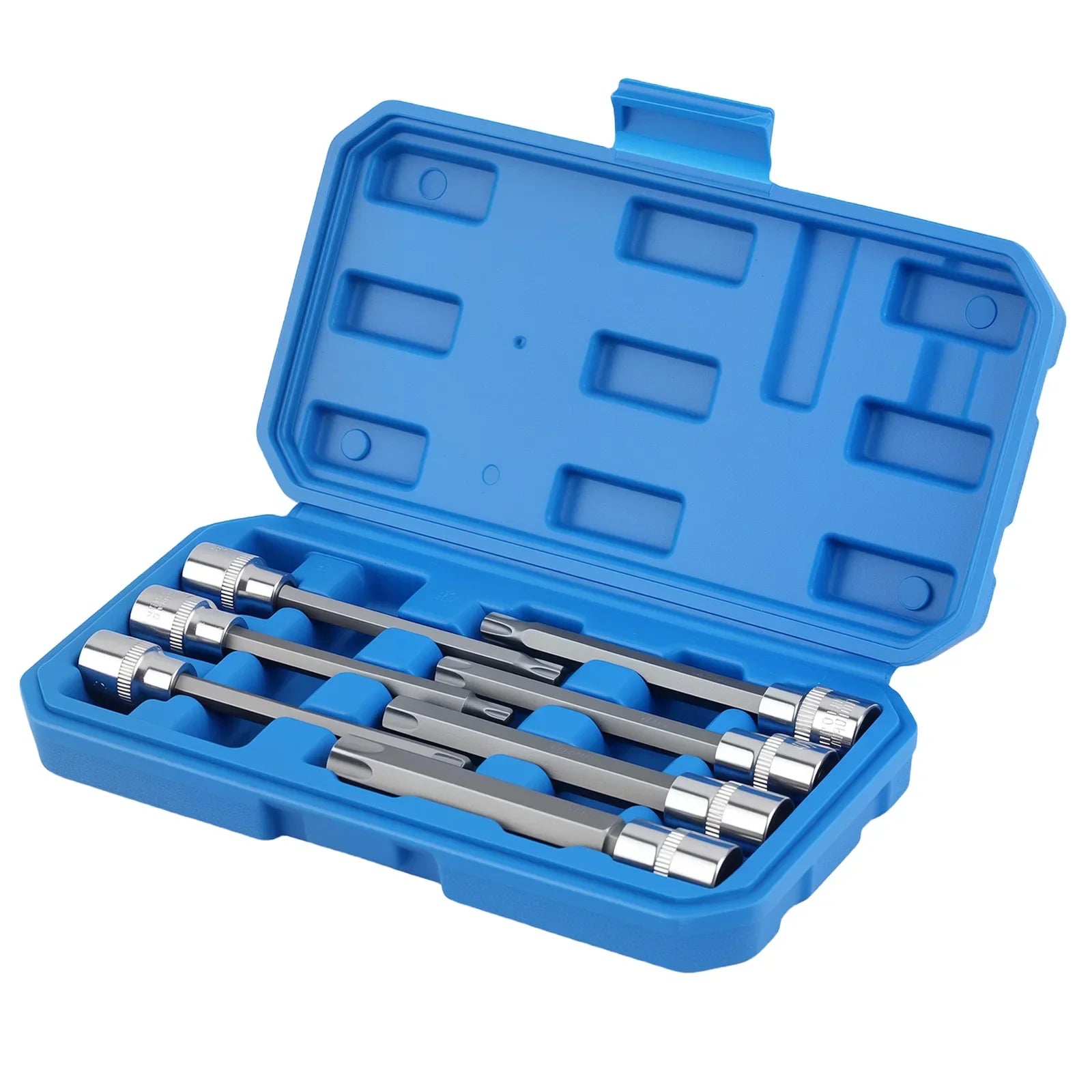 Niebieska plastikowa walizka z zestawem nasadek torx 3/8 cala 110 mm 8 sztuk star bit socket crv