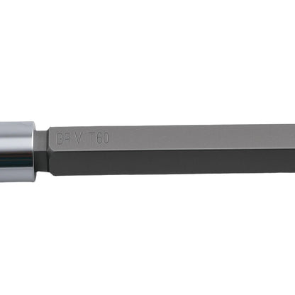 Szary nasadek torx 3/8 cala z chromowanym wykończeniem i oznaczeniem gr v t60 w zestawie bit socket set
