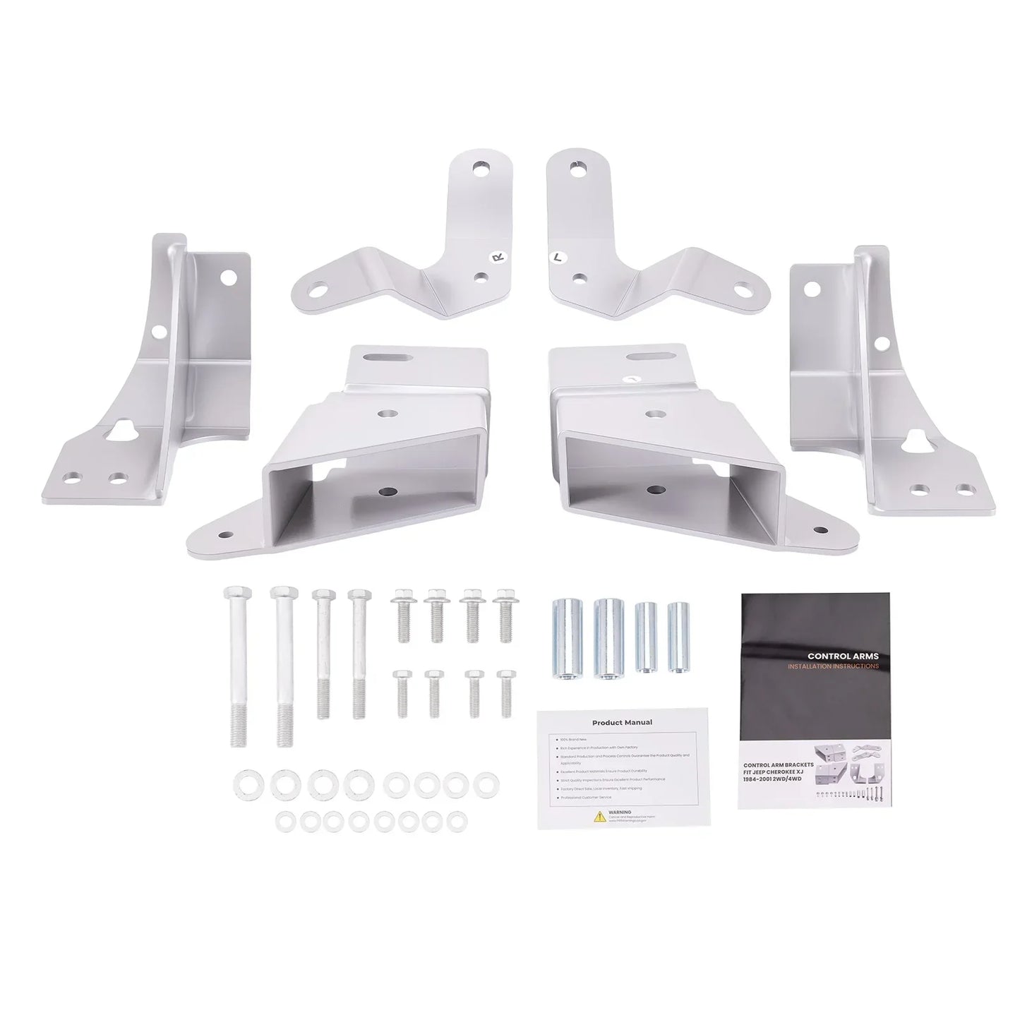 Srebrny metalowy zestaw uchyłów ramion kontrolnych z punktami mocowania do jeep xj cherokee 1984-2001