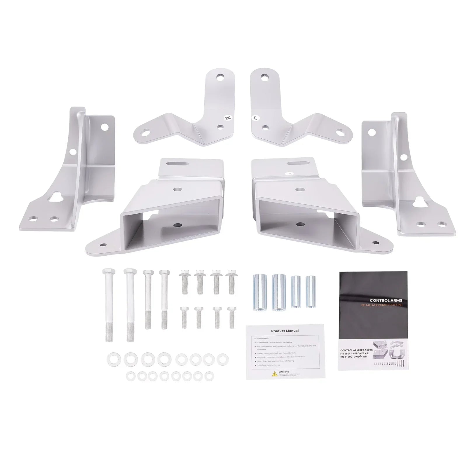 Srebrny metalowy zestaw uchyłów ramion kontrolnych z punktami mocowania do jeep xj cherokee 1984-2001
