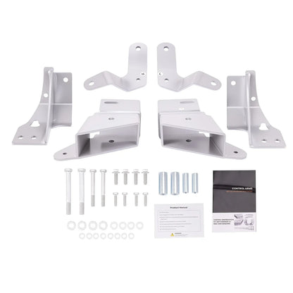 Srebrny metalowy zestaw uchyłów ramion kontrolnych z punktami mocowania do jeep xj cherokee 1984-2001