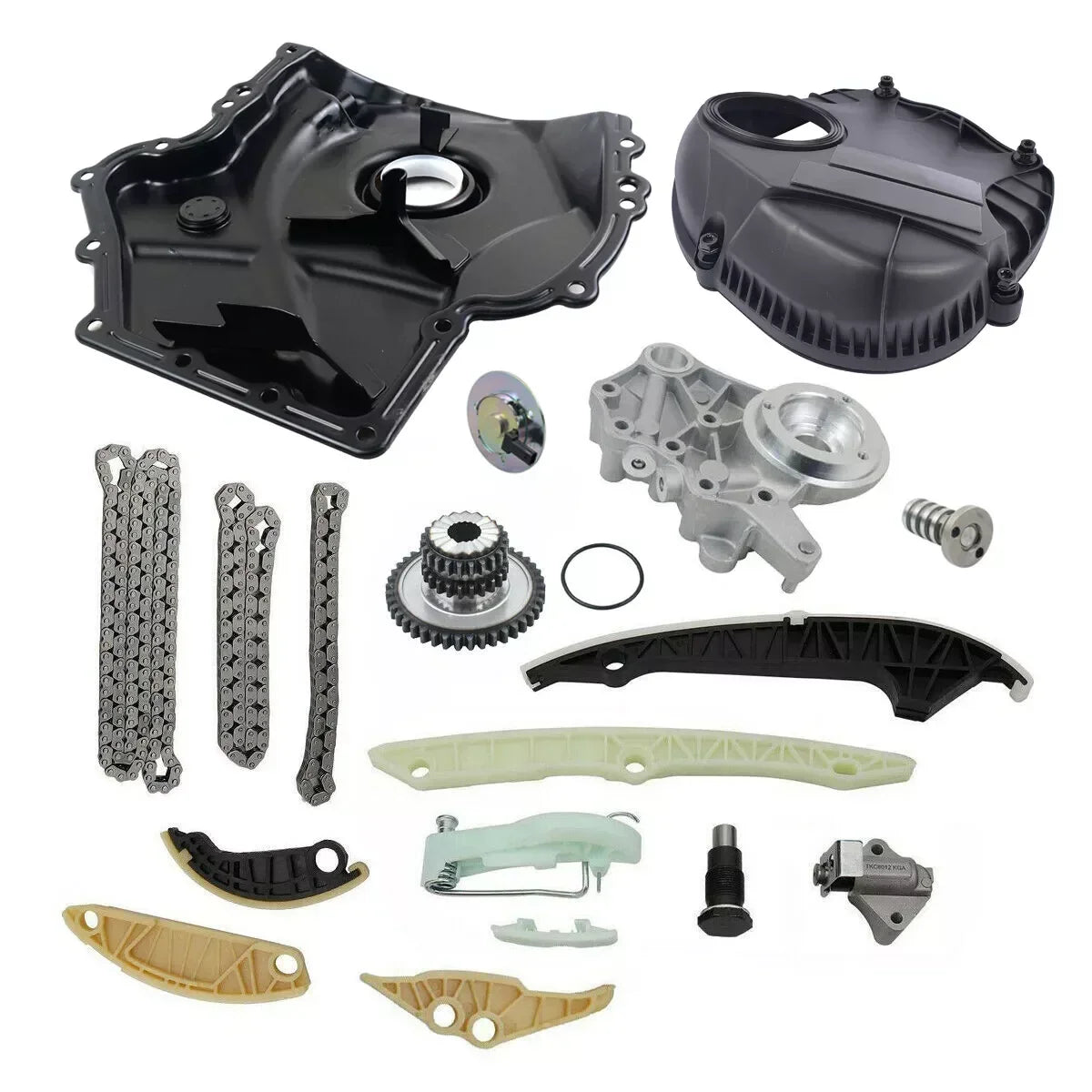 Ap01 czarna plastikowa pokrywa olejowa i silnikowa z metalowymi łańcuchami i uszczelkami do vw audi timing chain