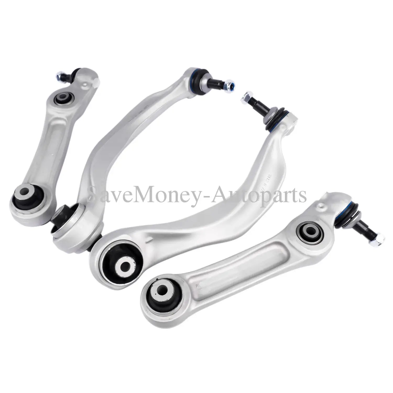 Zestaw czterech srebrnych metalowych wahaczy przedniego zawieszenia z czarnymi tulejami gumowymi do bmw f11 f10 518d