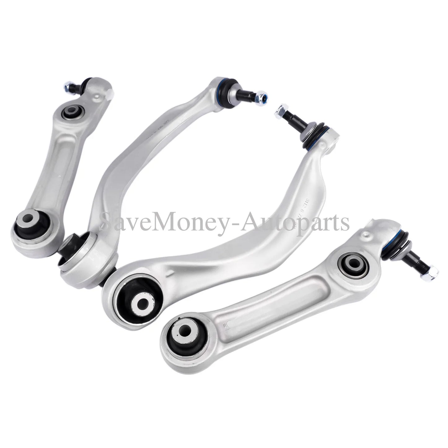 Zestaw czterech srebrnych metalowych wahaczy przedniego zawieszenia z czarnymi tulejami gumowymi do bmw f11 f10 518d