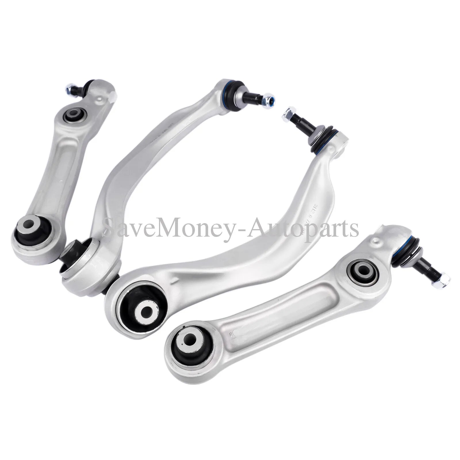 Zestaw czterech srebrnych metalowych wahaczy przedniego zawieszenia z czarnymi tulejami gumowymi do bmw f11 f10 518d