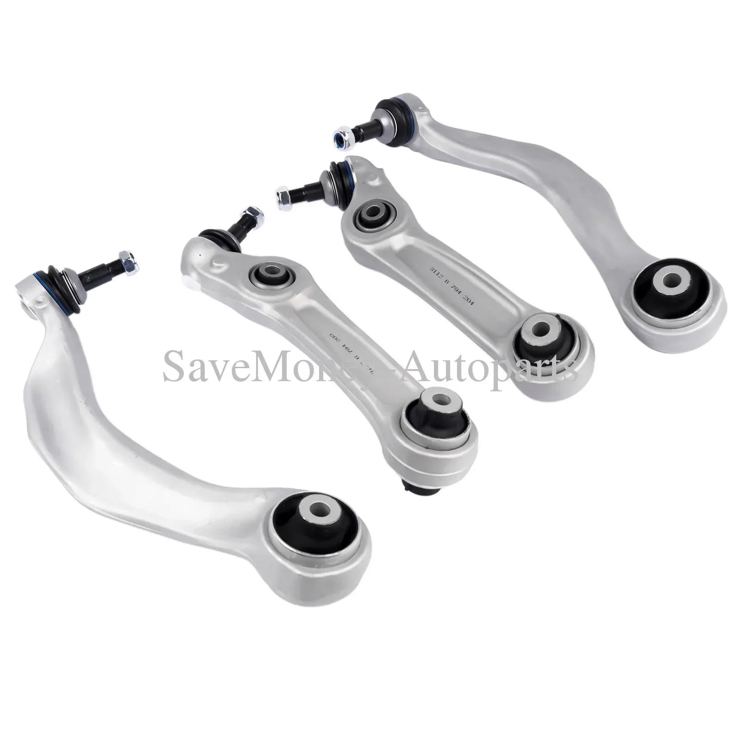 Zestaw czterech srebrnych metalowych wahaczy do zawieszenia przedniego z czarnymi tulejami gumowymi do bmw f11 f10 518d