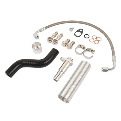 Zestaw przewodów olejowych turbo mini r55 r61 1.6 k03 srebrne oplecione węże z czarnym gumowym kolankiem i metalowymi końcówkami