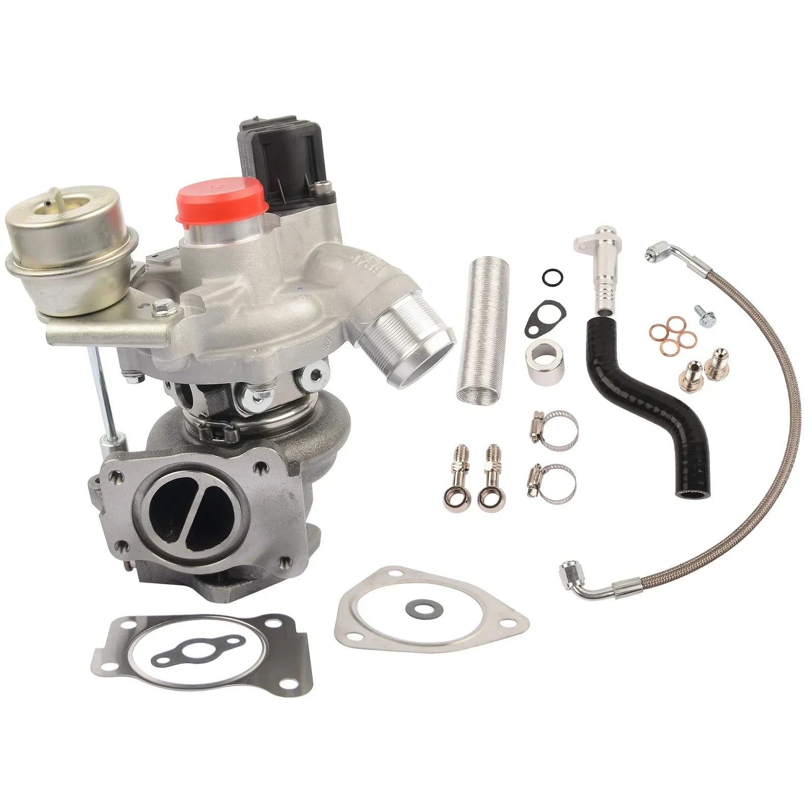 Srebrny turbocharger ep6dt z czerwoną nasadką i czarnym wężem z zestawem uszczelek do peugeot 156hp