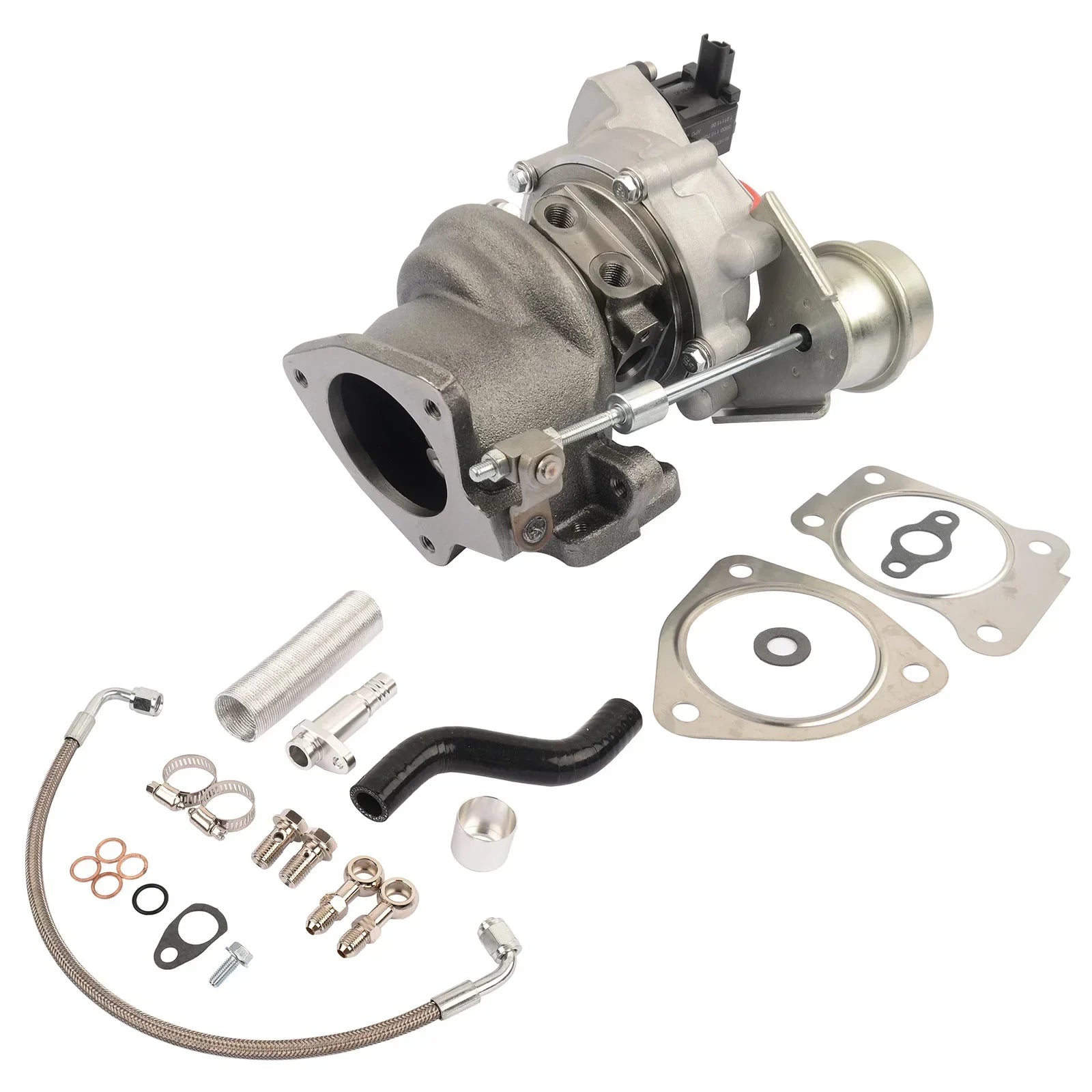 Srebrny metaliczny turboładowarka ep6dt z czarną plastikową obudową i kompletnym zestawem montażowym do peugeot 156hp