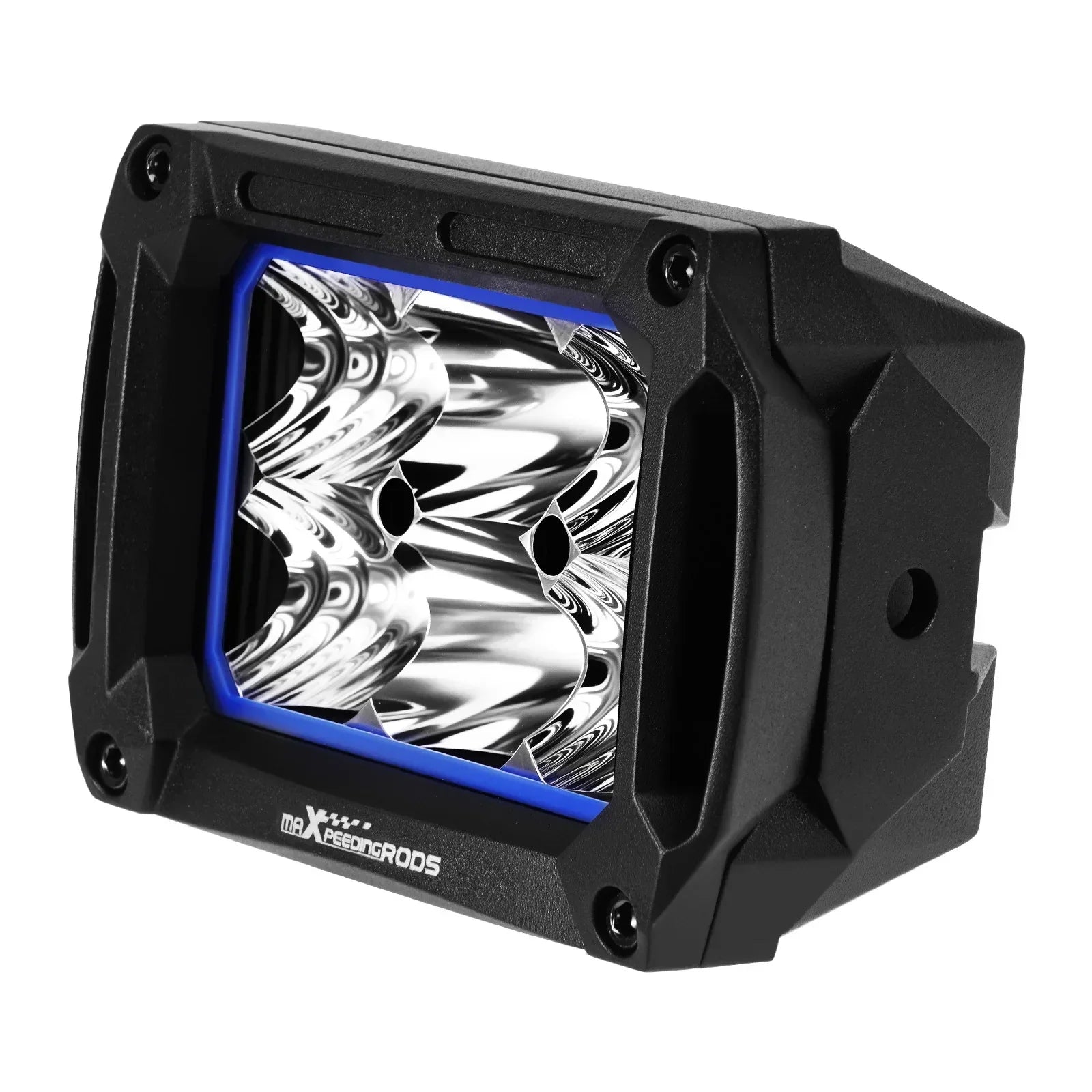 Czarne rugged led światło robocze flood z niebieską obwódką i refleksyjnym chromowanym wnętrzem zestaw zawiera przewód zasilający drl amber