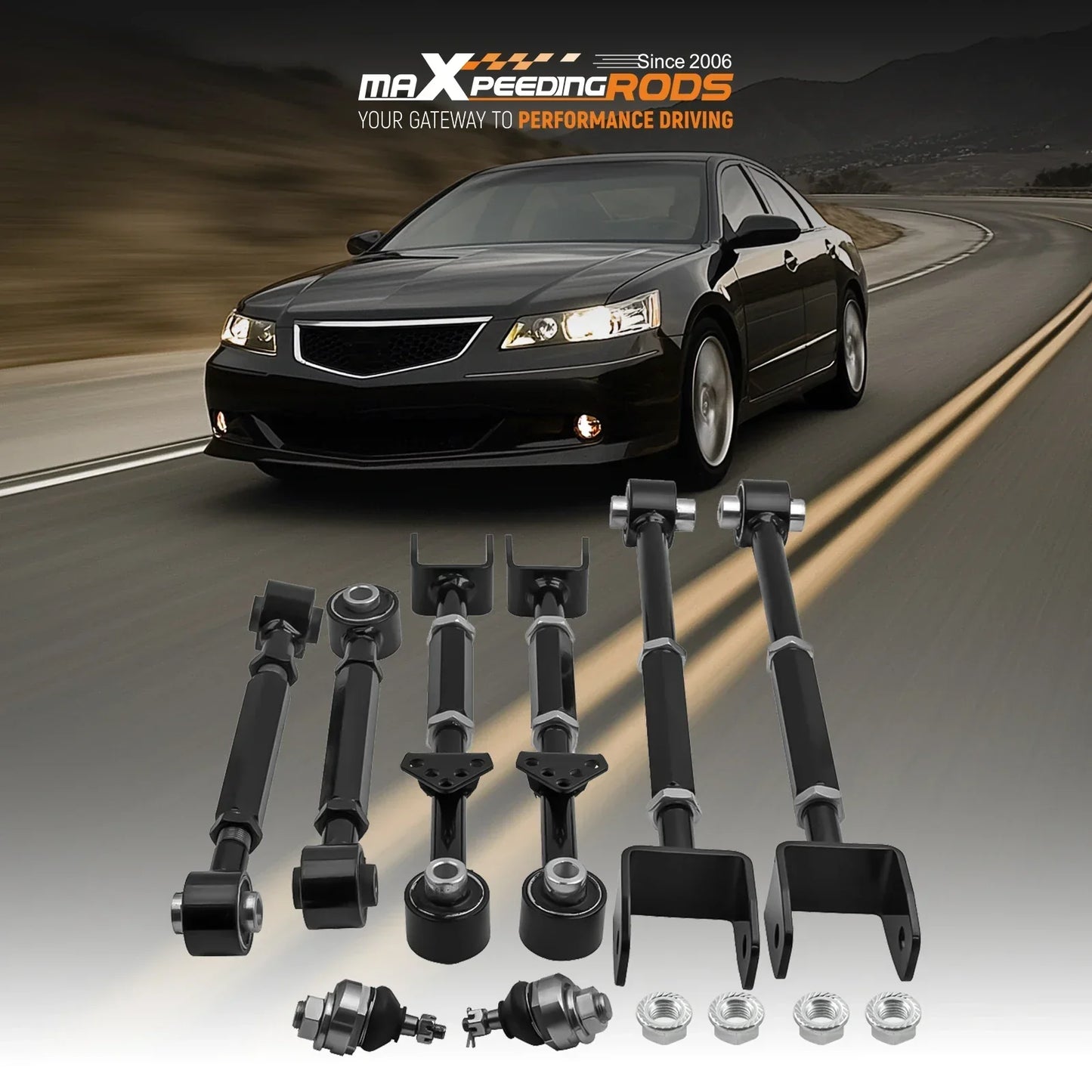 Czarny zestaw regulacji camber do honda accord 2008-2013 z chromowanymi akcentami i kontrolnymi ramionami zawieszenia