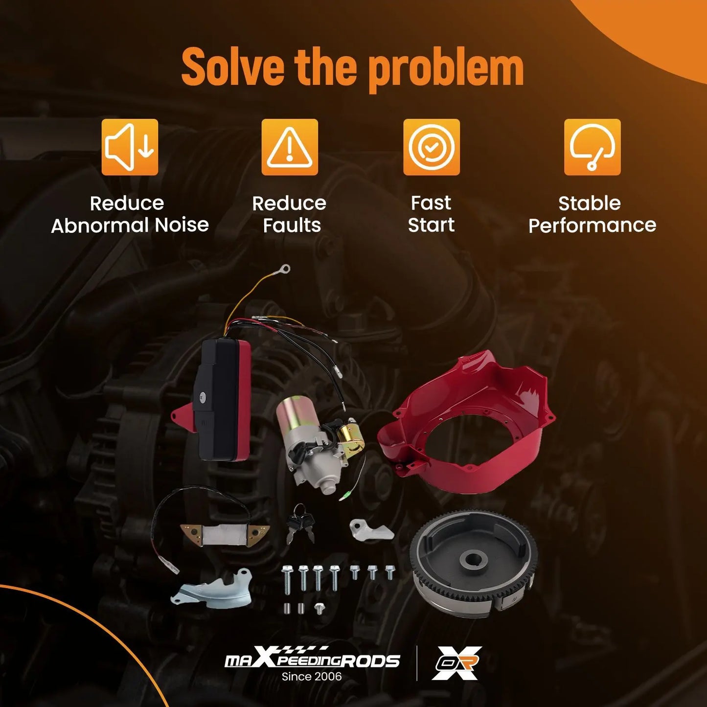 Czerwony plastikowy rozrusznik z solenoidem i metalicznymi akcentami do honda gx160 z zestawem koła zębatego
