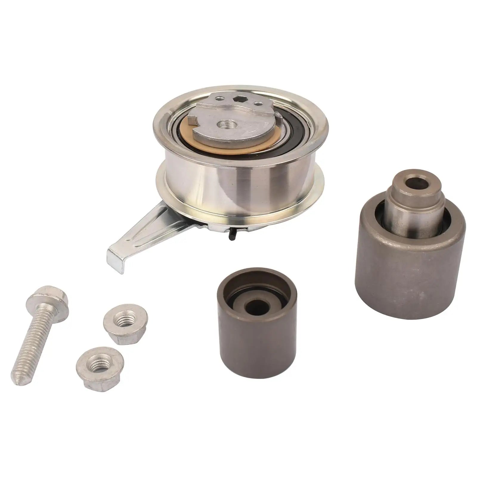 Srebrny metaliczny napinacz paska rozrządu z obudową kołową i łożyskiem do seat leon 04l109243b 03l109244g