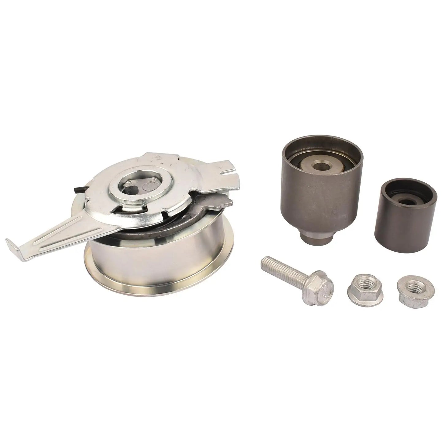 Srebrny metaliczny napinacz paska rozrządu setap01 z cylindrycznymi elementami do seat leon 04l109243b 03l109244g