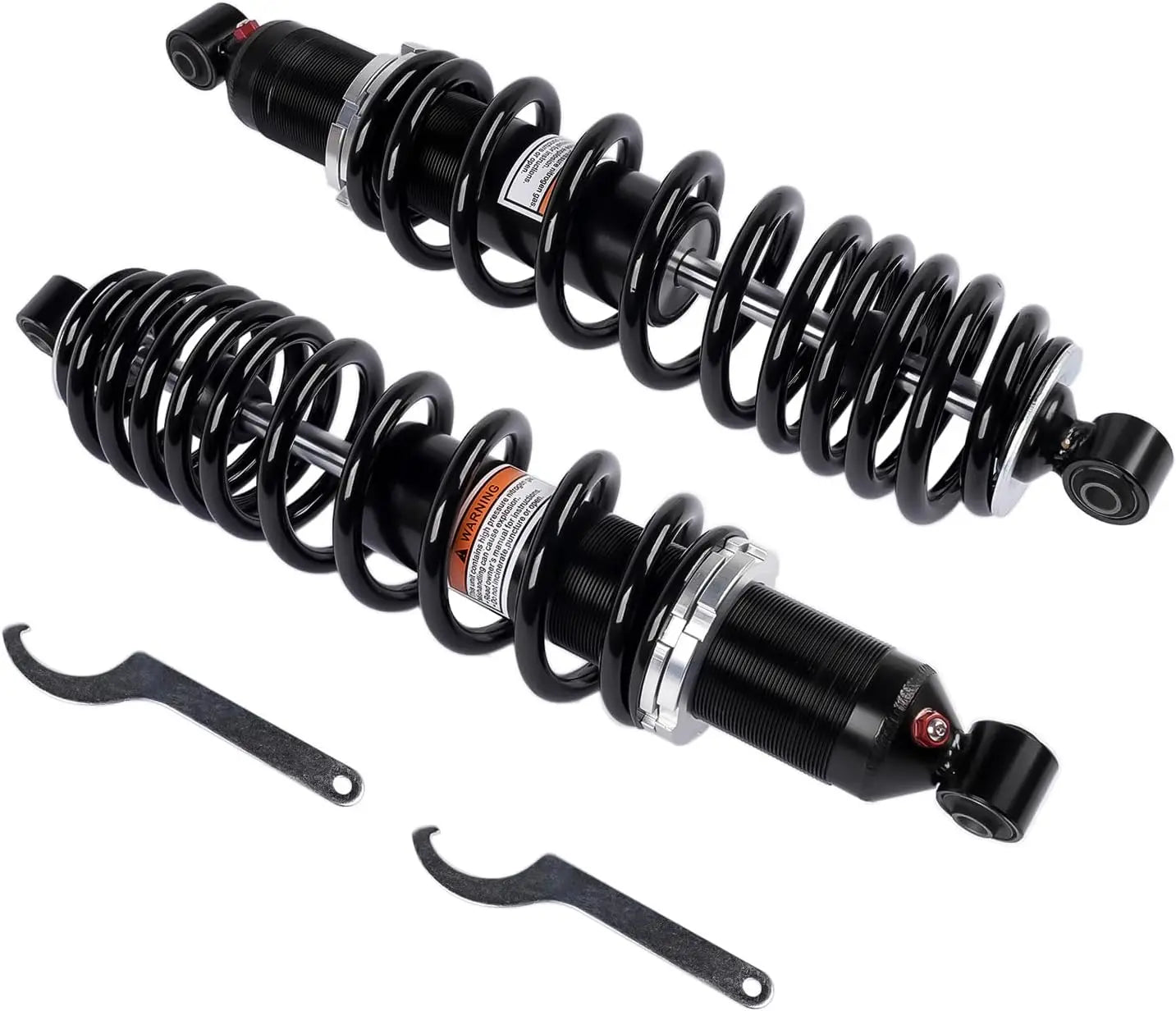 Zestaw tylnych czarnych coil-over amortyzatorów z chromowanymi akcentami i czerwonymi pokrętłami do polaris utv ranger