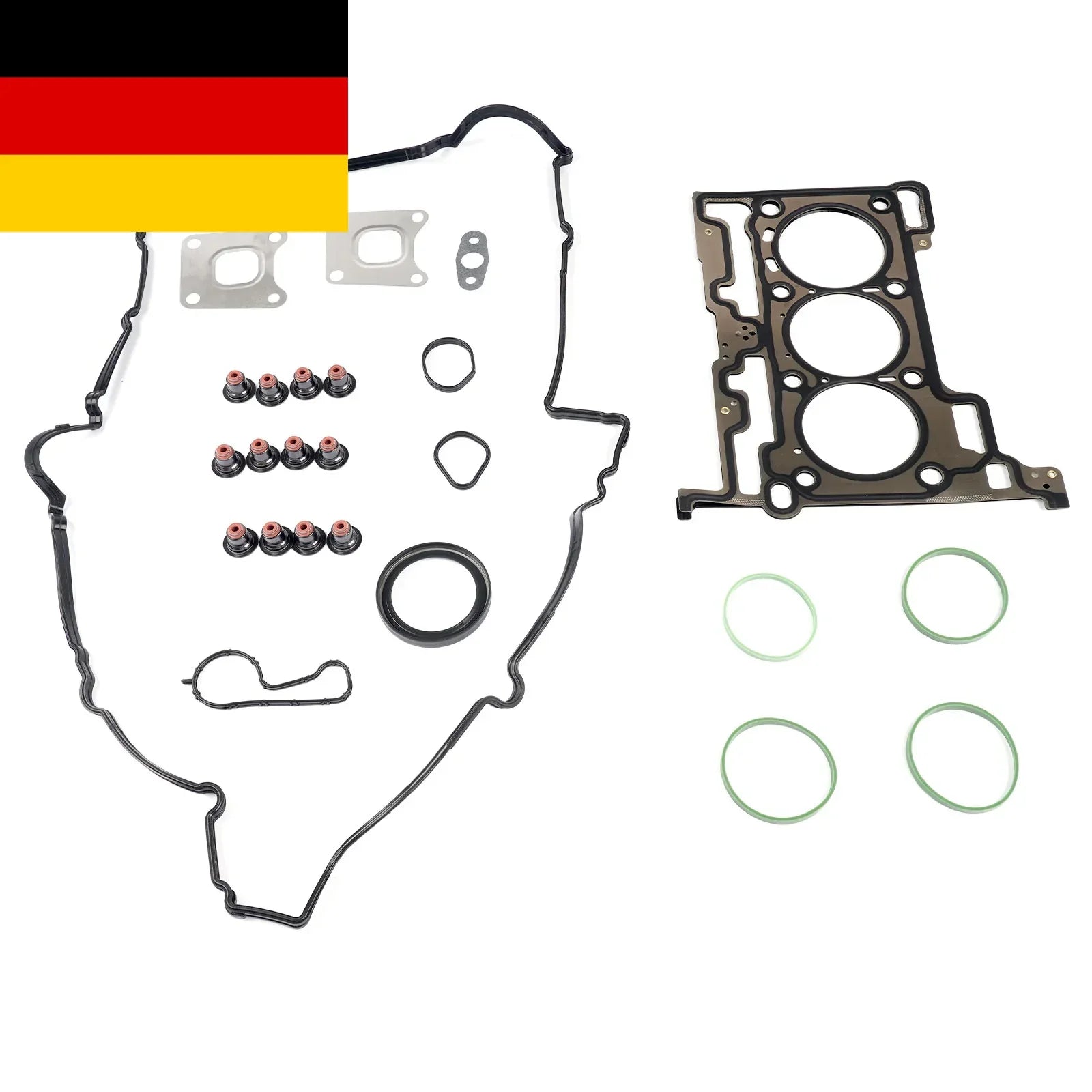 Czarny zestaw uszczelek pod głowicę drm63001 z metalowymi elementami i zielonymi oringami do ford ecosport fiesta 1 0 ecoboost