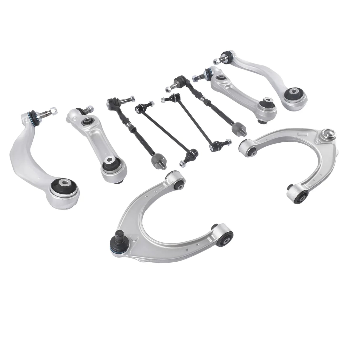 Srebrny metaliczny zestaw wahaczy z gumowymi tulejami i gwintowanymi końcami do bmw 528i 535d 535i 550i f10 640i f12 front side rwd