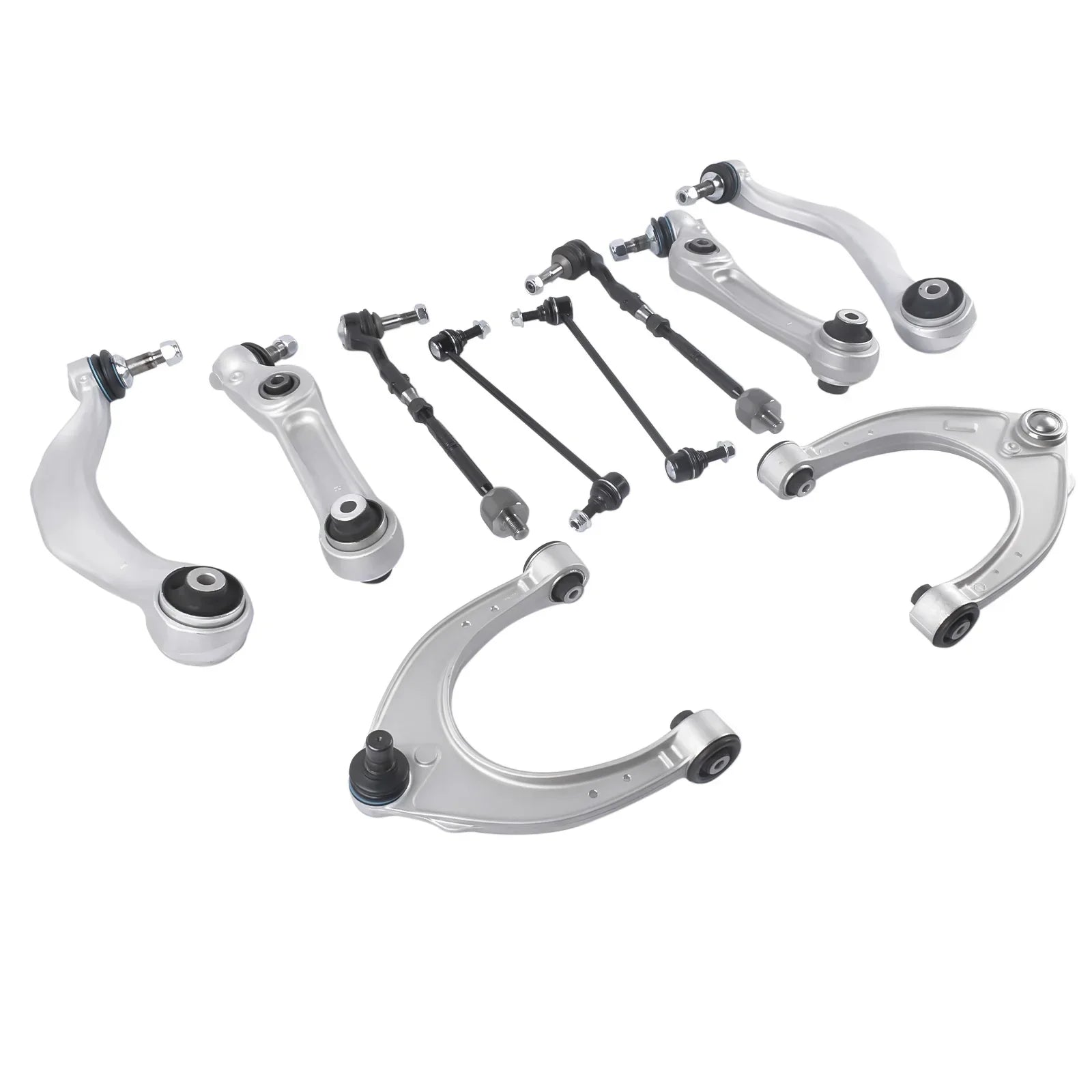Srebrny metaliczny zestaw wahaczy z gumowymi tulejami i gwintowanymi końcami do bmw 528i 535d 535i 550i f10 640i f12 front side rwd