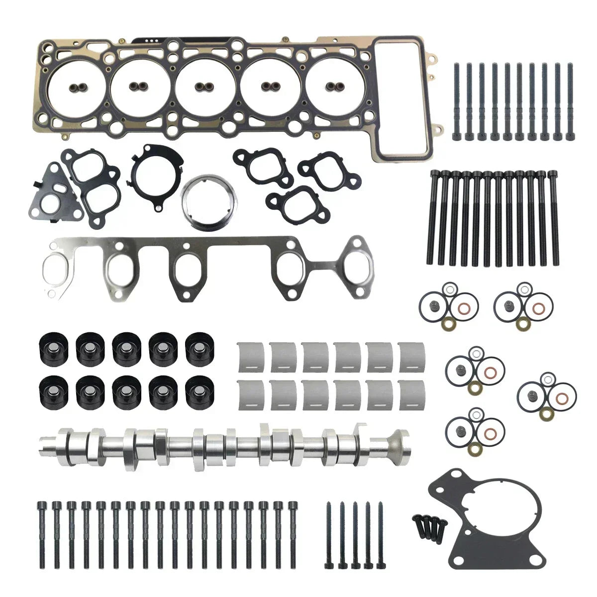 Chrome wykończony wałek rozrządu z polerowanymi metalowymi krzywkami i precyzyjnymi rowkami do głowicy cylindra vw t5 2,5 tdi z uszczelką głowicy i panewek wałka rozrządu