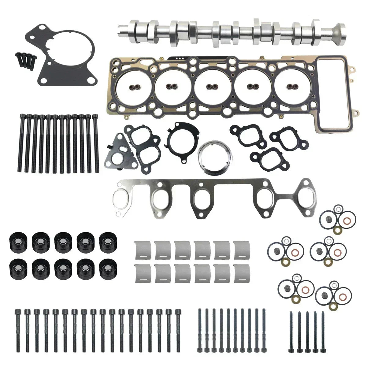 Srebrny metaliczny wałek rozrządu z równomiernie rozmieszczonymi grzbietami do vw t5 2,5 tdi z panewką wałka rozrządu i uszczelką głowicy cylindra