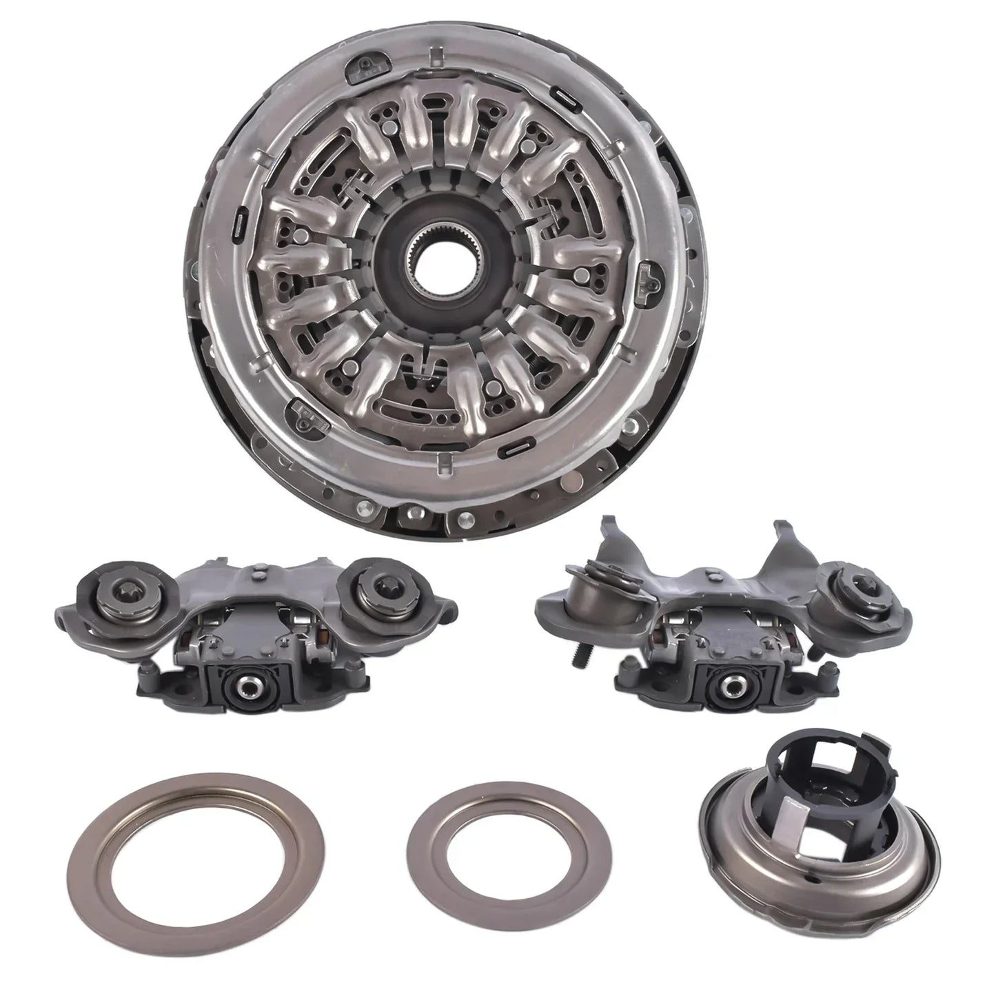 Srebrny metaliczny zespół sprzęgła z wzorami przypominającymi zębatki i centralnym piastą do ford focus part number ap03