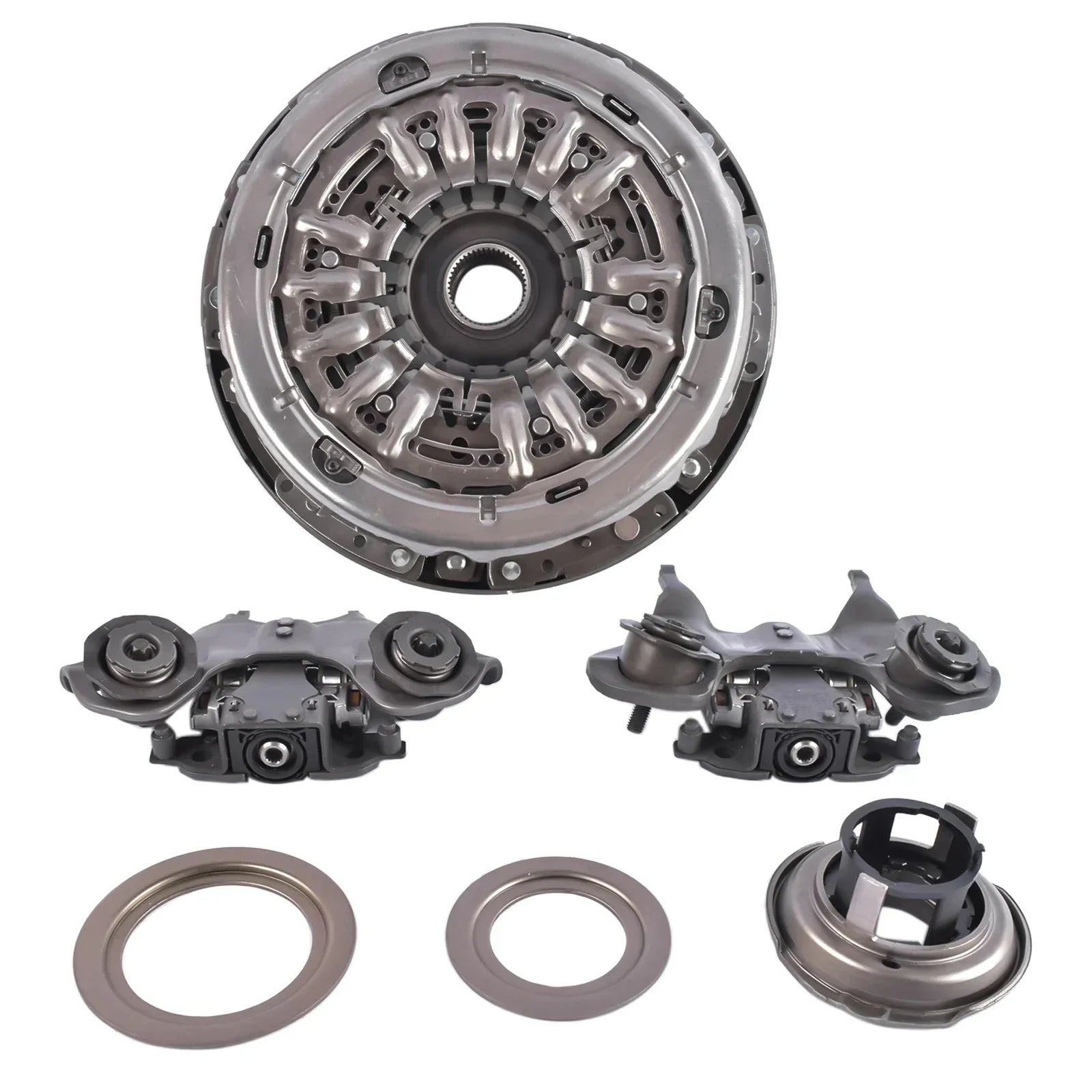 Srebrny metaliczny zespół sprzęgła z wzorami przypominającymi zębatki i centralnym piastą do ford focus part number ap03