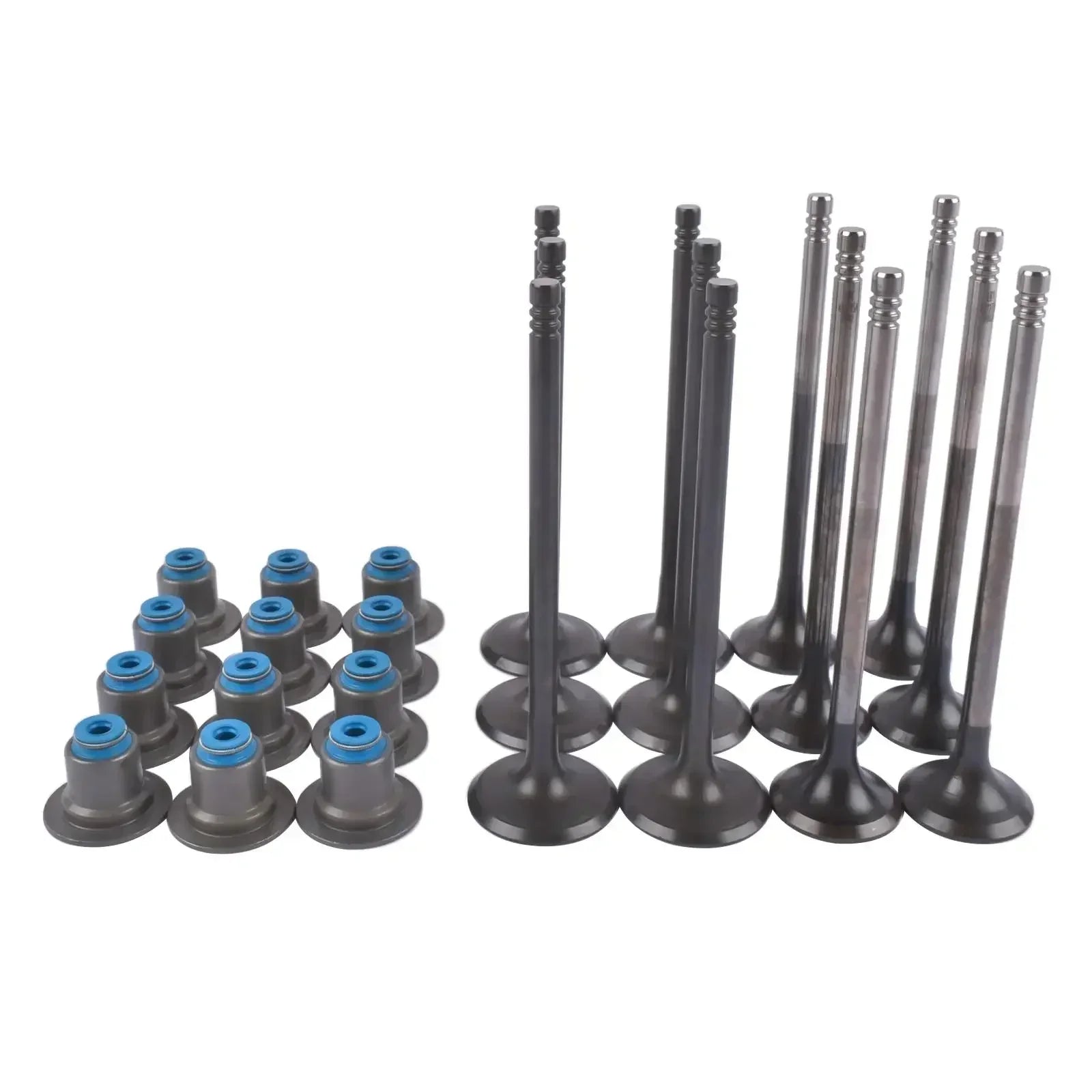 Set 6 zaworów wlotowych i 6 zaworów wydechowych ford 1.0 ecoboost ti vct metaliczne trzonki i szare uszczelki z niebieskimi gumami bis heute kba