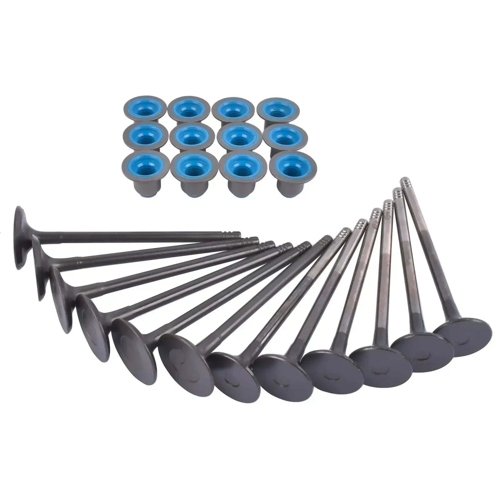 Zestaw 6 metalowych zaworów wlotowych i 6 wydechowych ford 1.0 ecoboost ti vct z niebiesko szarymi uszczelkami stem bis heute kba