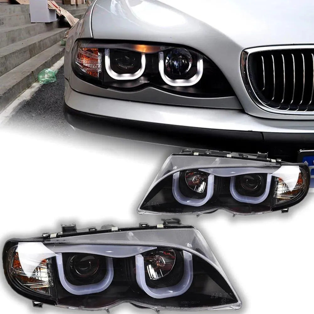 Lampy przednie do BMW E46 2001-2006 320i 318i 323i 325i - Reflektor LED z funkcją DRL, oczami anioła i wiązką Bi-Xenon - Multigenus