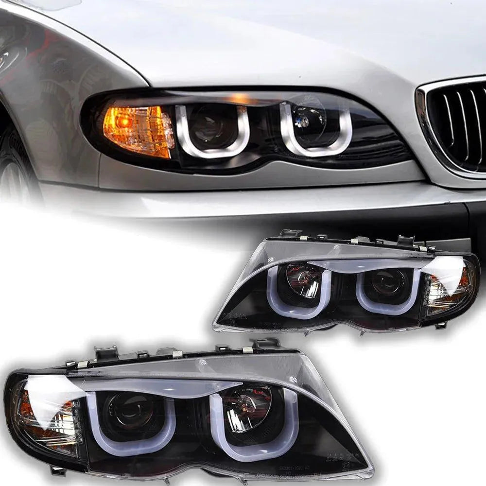 Lampy przednie do BMW E46 2001-2006 320i 318i 323i 325i - Reflektor LED z funkcją DRL, oczami anioła i wiązką Bi-Xenon - Multigenus