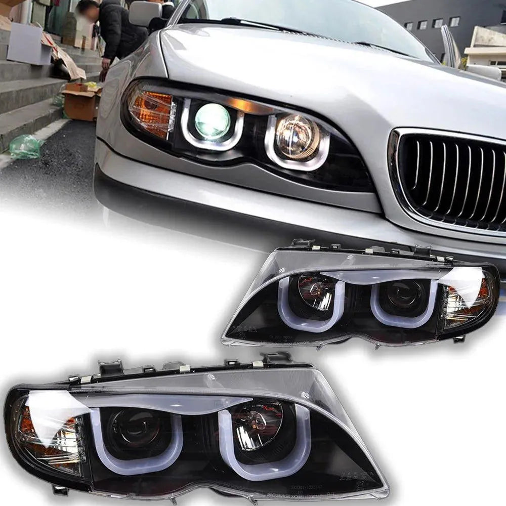 Lampy przednie do BMW E46 2001-2006 320i 318i 323i 325i - Reflektor LED z funkcją DRL, oczami anioła i wiązką Bi-Xenon - Multigenus