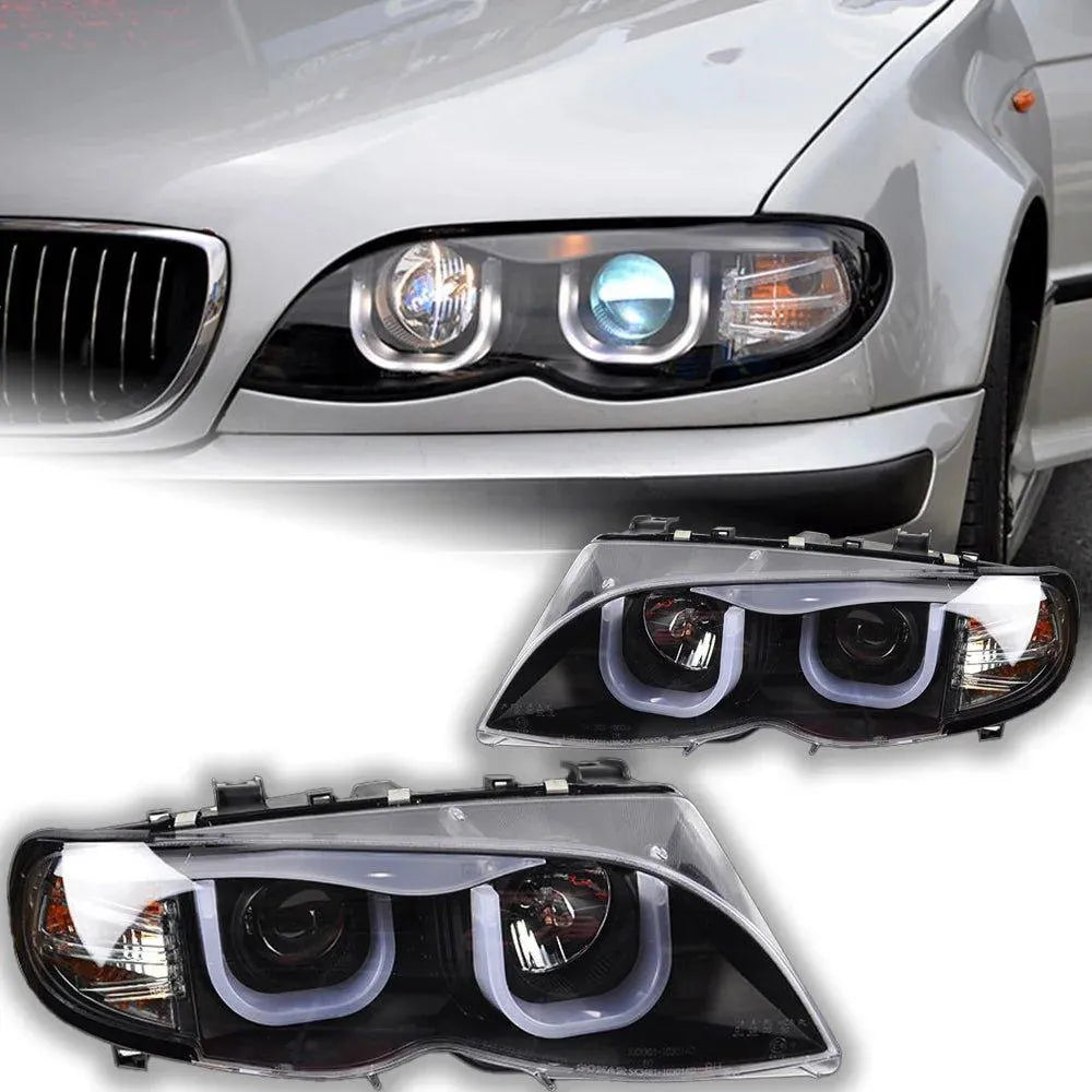 Lampy przednie do BMW E46 2001-2006 320i 318i 323i 325i - Reflektor LED z funkcją DRL, oczami anioła i wiązką Bi-Xenon - Multigenus