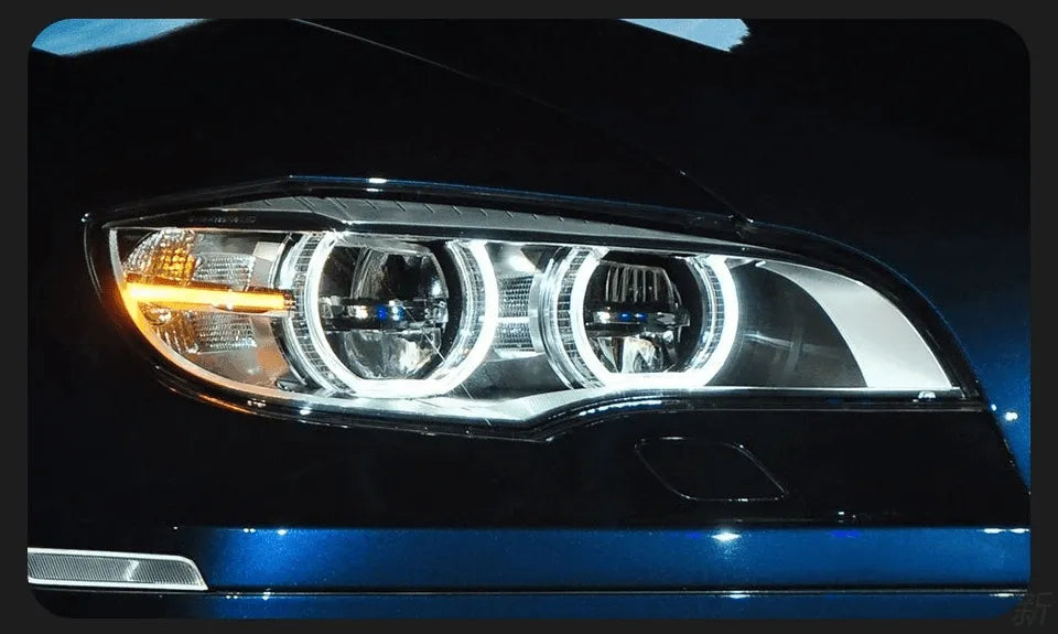 Lampy przednie do BMW X6 E71 2007 - 2013 reflektory LED projektory AngelEye, dzienne DRL i sygnał świetlny - Multigenus